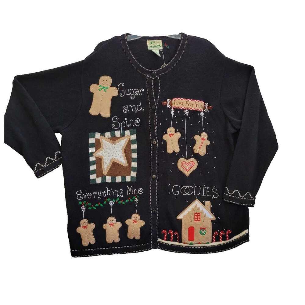 The Quaker Factory Cardigan 2XL Black Christmas Gingerbread Cookie Embellished